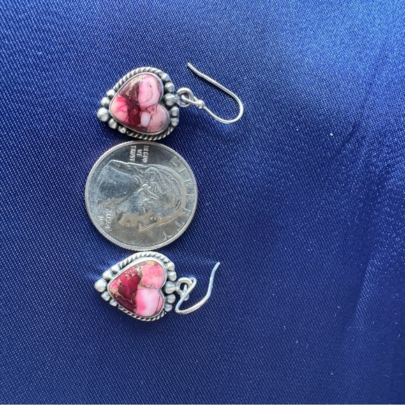 Heart-Shaped Pink Dahlia Turquoise and Sterling Silver Earrings - Picture 3 of 3